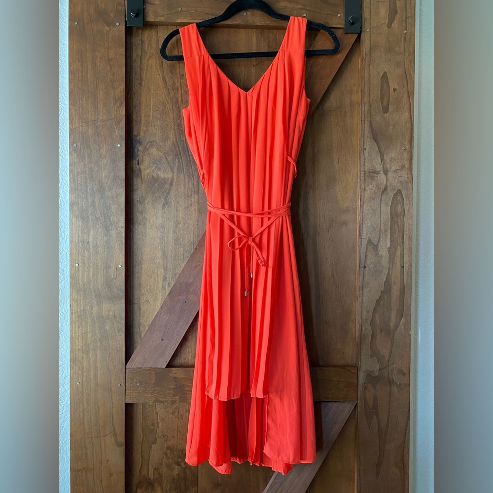 Rachel Roy Orange Pleated Chiffon High Low Dress With Tie Size 2 V Neck Zipper